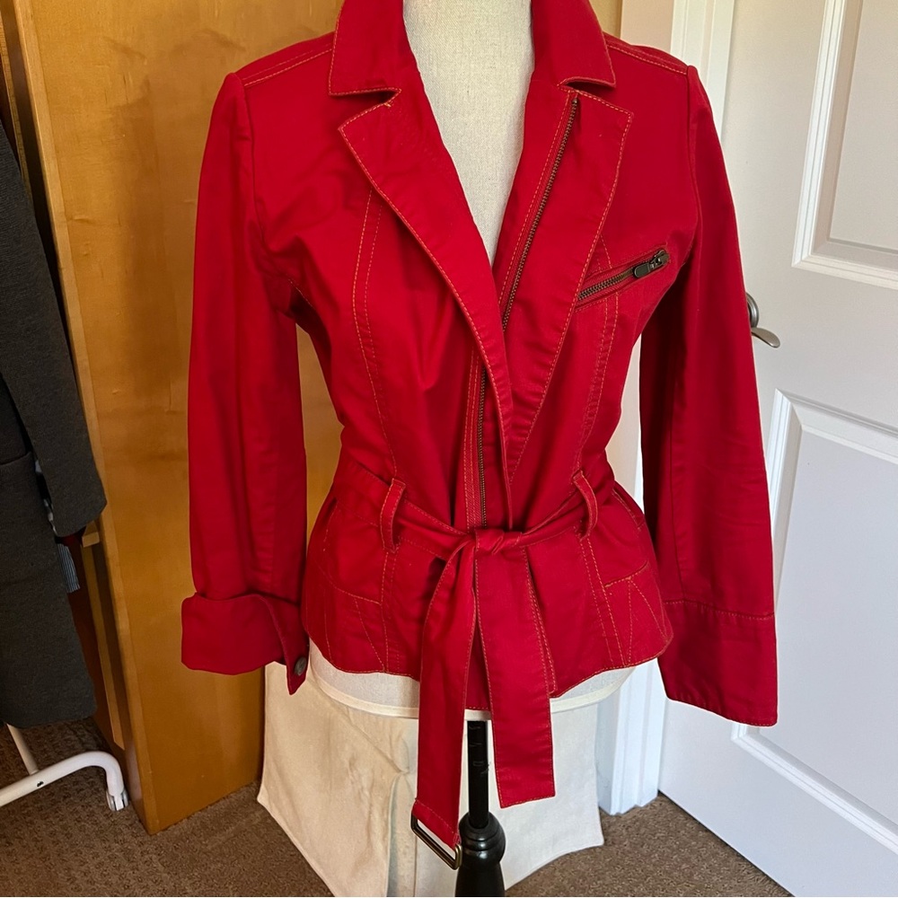 CABI First Mate Nautical Red Jacket in 100% cotton quilting with zipper and belt